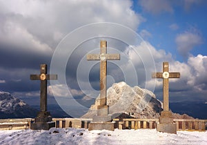 Via Crucis in Urkiola mountains at the winter with stone crosses