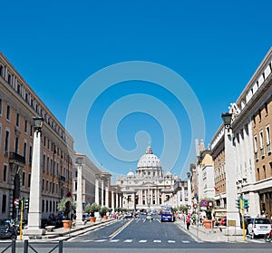 Via della Conciliazione in Rome Italy. Urban scene with Via della Conciliazione and Saint Peter Cathedral