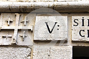 Via Dolorosa. Trace the hand of Jesus. The fifth station stop Jesus Christ, who bore his cross to Golgotha . Jerusalem, Israel.