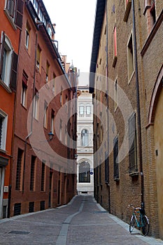 Via DÃ¨ Pepoli, an ancient alleyway in the center of the city of Bologna, in Italy