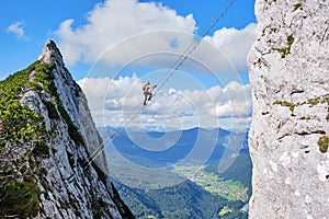 Via ferrata Donnerkogel Intersport Klettersteig in the Austrian Alps, near Gosau. Stairway to Heaven concept photo