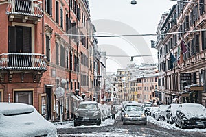 Via Sistina. Rome under the snow. Abnormal snow falls in Rome. Snow on Rome for the first time in six years