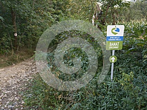 Via Transilvanica - sign indicating the path towards Inelet village, Cernei Mountains, Banat, Romania.