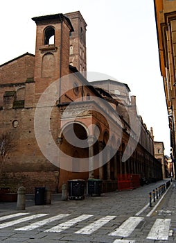 Via Zamboni in Bologna, headquarters of the University, and view on church San Giacomo Maggiore photo
