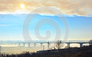 Viaduct in Galati city. Long bridge and blue sky