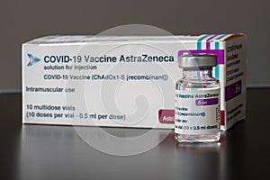 Vial of Astrazeneca Covid-19 vaccine in front of vaccine box