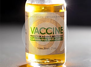 Vial with coronavirus vaccine on a black background, close-up. Vaccine development and research concept