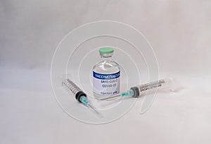 A vial with several dosis of a new developed COVID-19 vaccine. photo