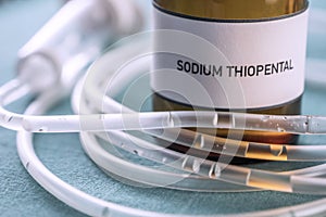 Vial with Sodium Thiopental used for euthanasia and lethal inyecion in a hospital, conceptual image photo