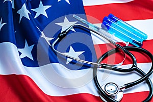 Vial syringe. Medical syringe with needle for protection flu virus and coronavirus. Covid vaccine usa flag of america. Medicine