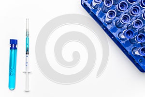 Vial syringe. Medical syringe with needle for protection flu virus and coronavirus. Covid vaccine on white. Medicine concept