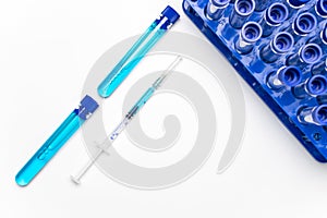 Vial syringe. Medical syringe with needle for protection flu virus and coronavirus. Covid vaccine on white. Medicine concept