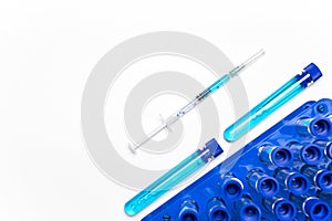 Vial syringe. Medical syringe with needle for protection flu virus and coronavirus. Covid vaccine on white. Medicine concept