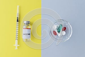 Vial with vaccine and syringe on yellow background, round plate with pills on grey background, comparison of two methods of treatm