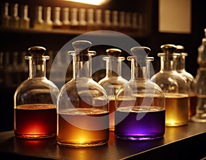 Vials and bottles with colorful magic potion in laboratory.