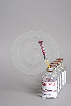 Vials of Covid -19 vaccine in a row with a syring.