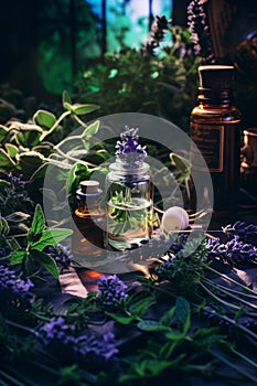 vials of essential oils and herbs on a dark background. The concept of health