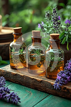 vials of essential oils and herbs on a dark background. The concept of health