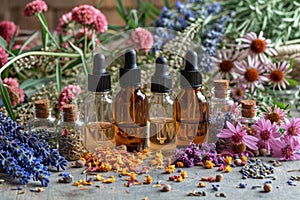 vials of essential oils and herbs on a dark background. The concept of health