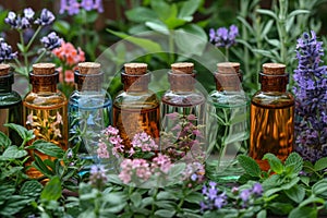 vials of essential oils and herbs on a dark background. The concept of health