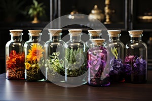 vials of essential oils and herbs on the table . The concept of health