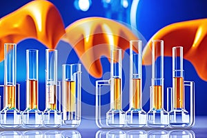 Vials of multicolored fluids in a laboratory setting