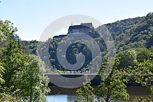 Vianden, Luxembourg - 08 10 2023: Burg Vianden above the resevoir lake