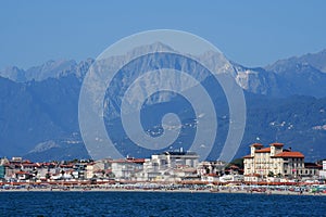 Viareggio town and beach by the Ligurian Sea and the Appenines, Tuscany, Italy