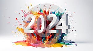 Vibrant 2024 New Year Celebration, Colorful Paint Explosion with 3D Numbers and Festive Abstract Art