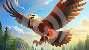 Vibrant 2d Game Art: Playful Eagle Soaring Through Mountainous Vistas