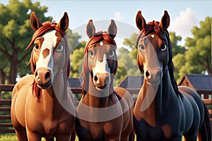 Vibrant 3D cartoon character trio - Three horses brought to life in a captivating, colorful portrait through digital rendering