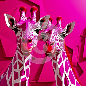 Vibrant 3d Digital Constructivism Close-up Portrait Of Two Giraffes