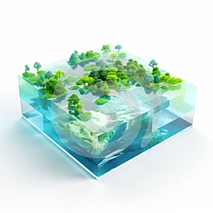 Vibrant 3d Image: Water And Trees In Transparent Block Of Artificial World