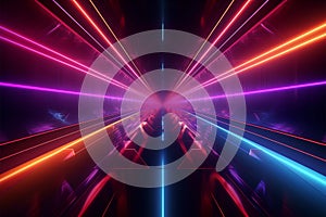 Vibrant 3D neon lights dynamic dark scene, speeding glowing lines