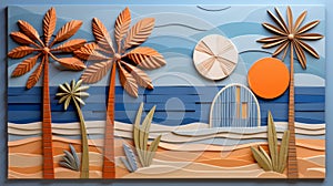 Vibrant 3d paper cut beach collage on scrapbook paper with trendy handmade summer illustration