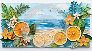 Vibrant 3d paper cut craft trendy summer beach collage on colorful scrapbook paper