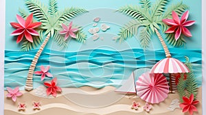 Vibrant 3d paper cut craft trendy summer beach collage in handmade illustration