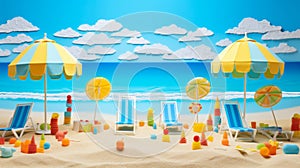 Vibrant 3d paper cut craft trendy summer beach collage illustration with handmade scrapbook art