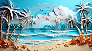 Vibrant 3d paper cut summer beach collage craft illustration with trendy handmade details