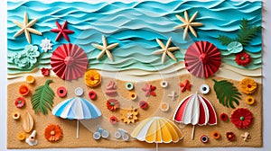 Vibrant 3d paper cut summer beach collage on scrapbook paper with vibrant colors