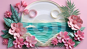 Vibrant 3d paper cut trendy summer beach collage on scrapbook paper with colorful handmade look