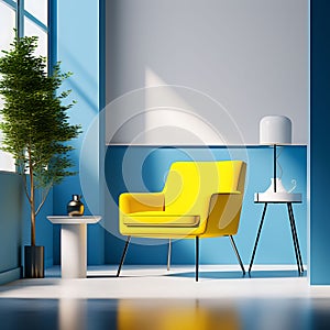 Vibrant 3D Render: Bright Yellow Armchair in an Unoccupied Blue Room