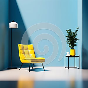 Vibrant 3D Render: Bright Yellow Armchair in an Unoccupied Blue Room