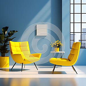 Vibrant 3D Render: Bright Yellow Armchair in an Unoccupied Blue Room