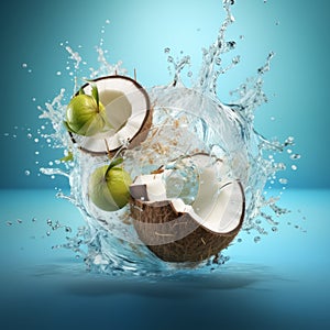 Vibrant 3d Render Of Coconuts Splashing In Light Teal Water