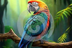 Vibrant 3D rendering blue green macaw on a tree branch, strikingly beautiful