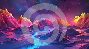 Vibrant 3D scenery featuring neon-hued peaks, glowing waterways, and a starlit backdrop, evoking a surreal atmosphere