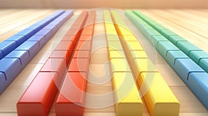 Vibrant 3d style abstract background with aligned colorful wooden blocks and playful patterns