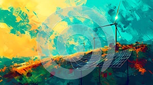 Vibrant abstract art depicting renewable energy with wind turbine and solar panels in idyllic landscape. sustainable