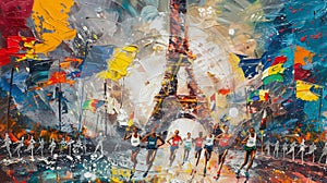 Vibrant abstract artwork inspired by the excitement of the 2024 Paris Olympics opening ceremony